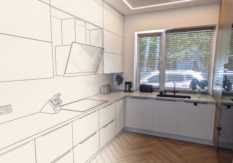 Modern kitchen shown half as an architectural line drawing and half as a finished photograph
